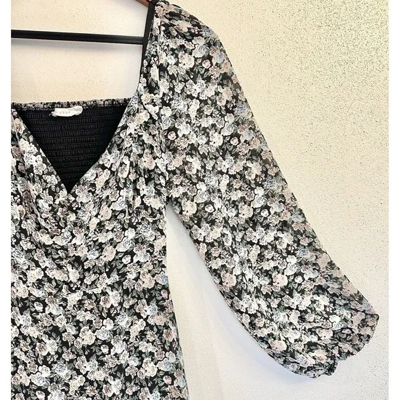 Lush Womens MIDI Dress W/ Puff Sleeve In Black Multi Floral- Size Large - Picture 3 of 14